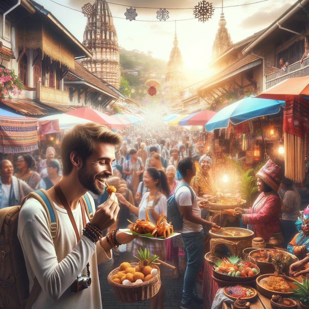 A man savors local specialties in a lively street.